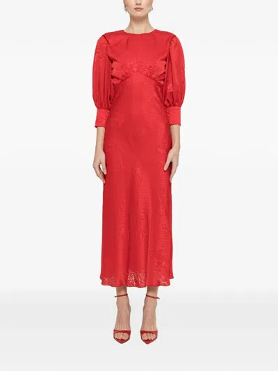 Nissa Puff-sleeve Midi Dress In Red
