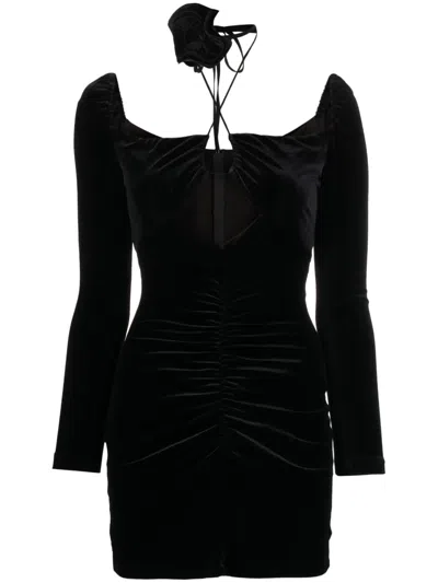 Nissa Rose-appliqué Ruched Velvet Minidress In Black