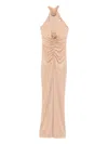 Nissa Rose-embellished Ruched Maxi Evening Dress In Neutral