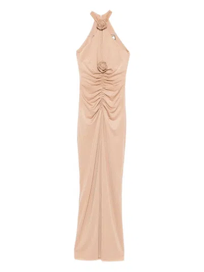 Nissa Rose-embellished Ruched Maxi Evening Dress In Neutral
