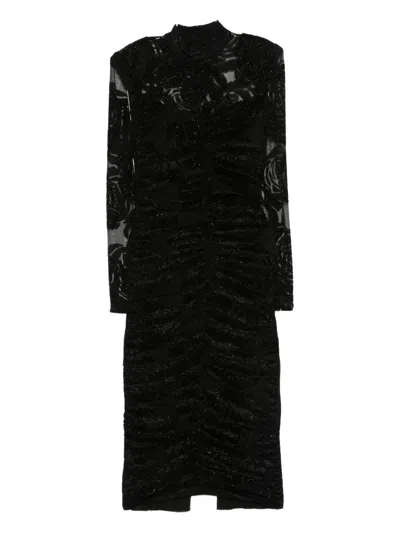 Nissa Rose-print Gathered Midi Dress In Black