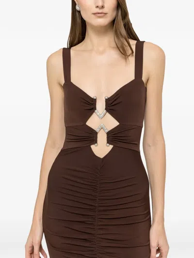 Nissa Ruched Embellished Midi Dress In Brown