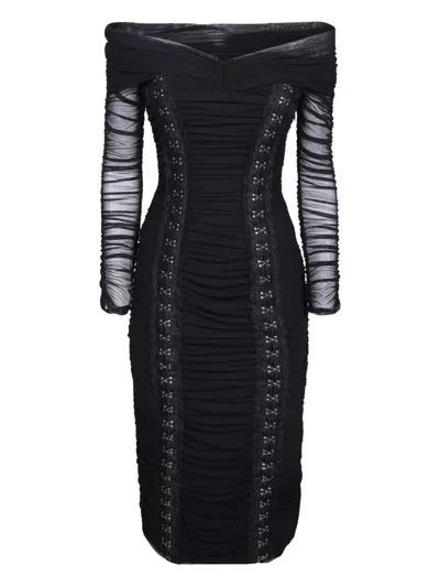 Nissa Ruched Long-sleeve Midi Dress In Black