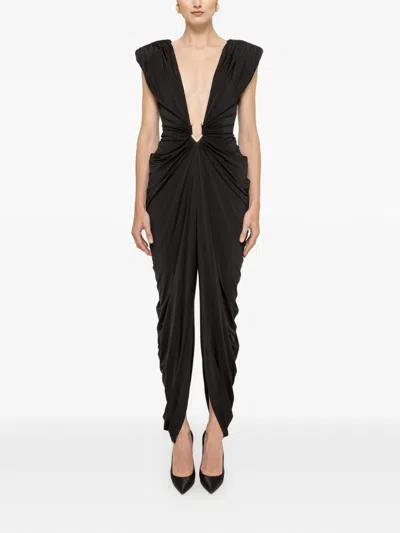 Nissa Ruched Plunge-neck Jumpsuit In Black
