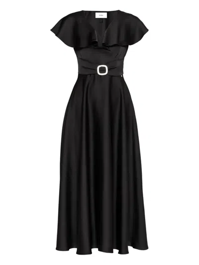 Nissa Ruffled Belted Satin Dress In Black