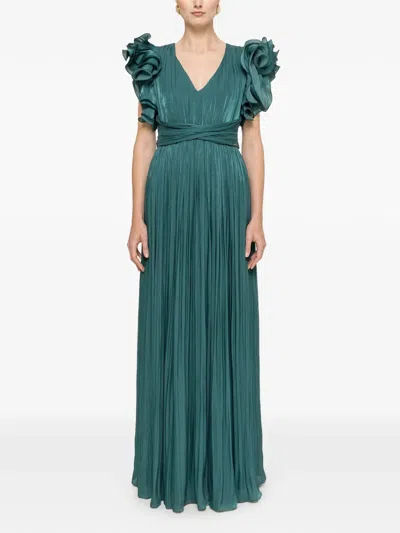 Nissa Ruffled Pleated Maxi Dress In Green