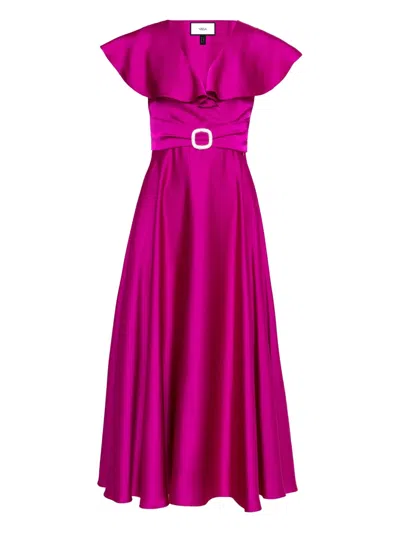 Nissa Ruffled Satin Midi Dress In Pink