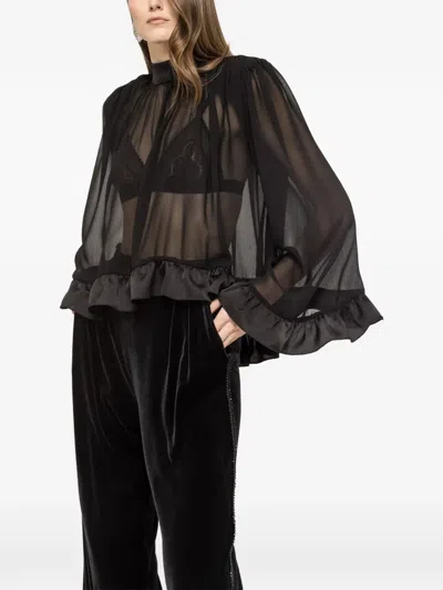 Nissa Ruffle-trim Chiffon Top In Black