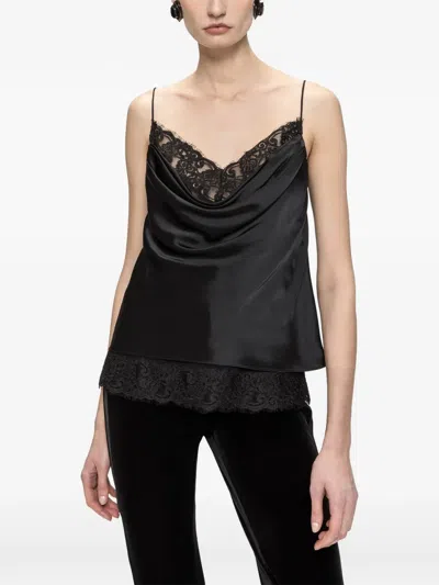 Nissa Satin Lace-trim Top In Black
