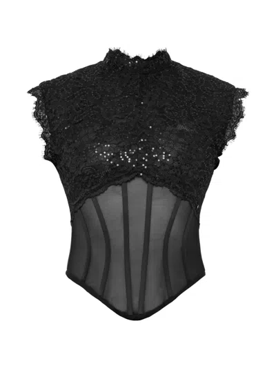 Nissa Sequin Details Tulle Corset Top In Black