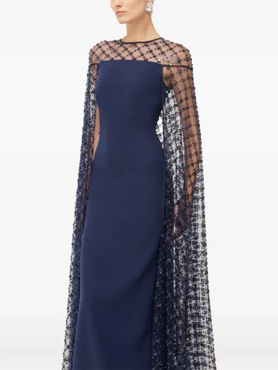 Nissa Sequin Tulle Cape Maxi Dress In Blue