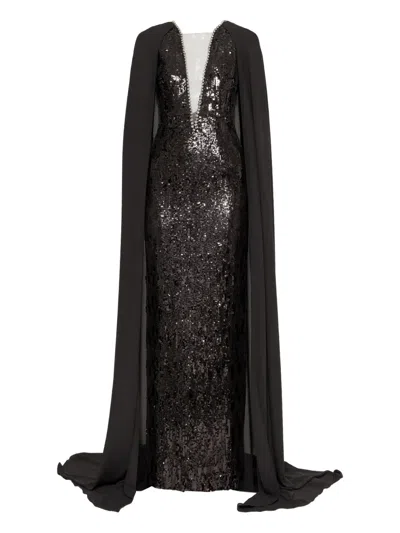 Nissa Sequined Cape Maxi Dress In Black