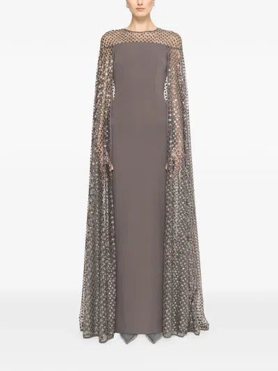 Nissa Sequined Cape Maxi Dress In Gray