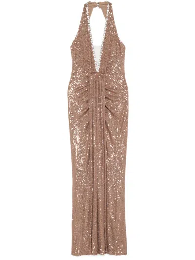 Nissa Sequined Halterneck Maxi Dress In Neutrals