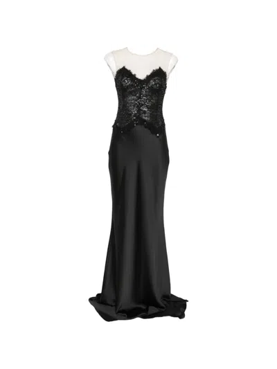 Nissa Sequin-embellished Lace-panelled Dress In Black