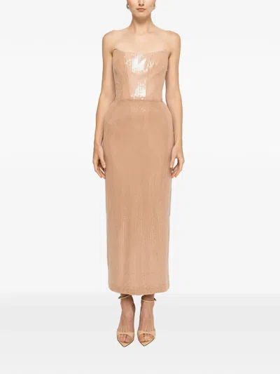 Nissa Sequin-embellished Strapless Midi Dress In Neutral
