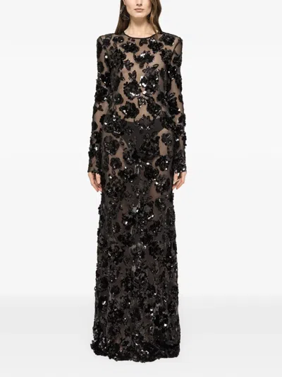 Nissa Sequinned Tulle Maxi Dress In Black