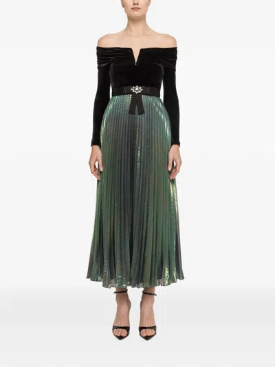 Nissa Velvet Bodice Metallic Chiffon Midi Dress In Green