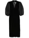 Nissa Velvet Puff-sleeve Midi Dress In Black