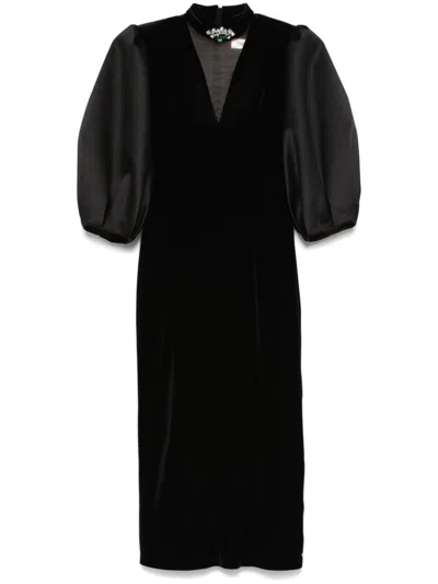Nissa Velvet Puff-sleeve Midi Dress In Black