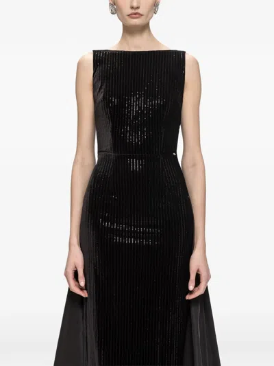 Nissa Velvet Sequin Taffeta Train Maxi Dress In Black
