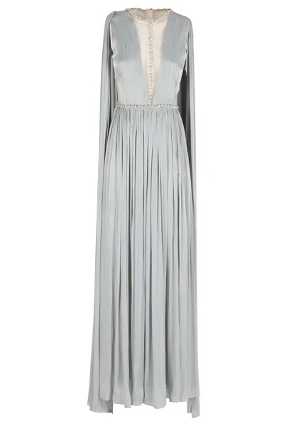 Nissa Verde Crystal-embellished Pleated Evening Dress In Blue