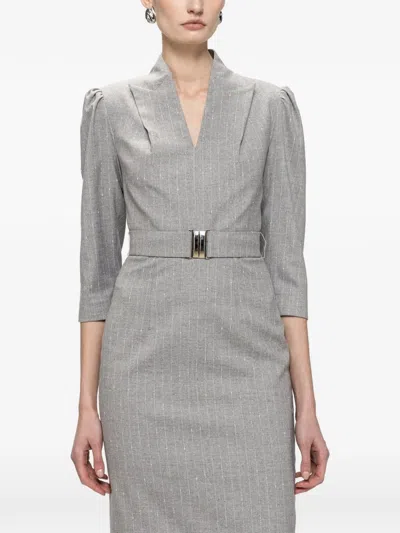 Nissa V-neck Belted Midi Dress In Gray
