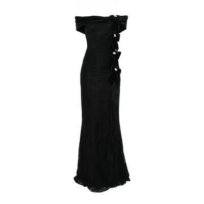 Nissa Women's Black Bow-detail Lace Maxi Dress