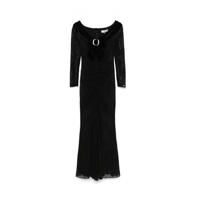 Nissa Women's Black Bow-detail Lace Midi Dress