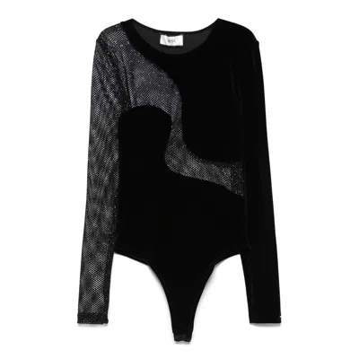 Nissa Women's Black Embellished Mesh Velvet Bodysuit