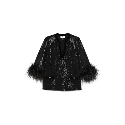 Nissa Women's Black Feather-trimmed Sequined Top