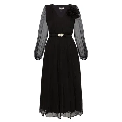 Nissa Women's Black Floral-applique Silk Midi Dress