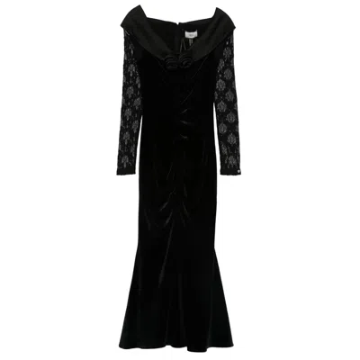 NISSA WOMEN'S BLACK FLORAL-APPLIQUÉ VELVET MIDI DRESS