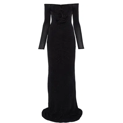 NISSA WOMEN'S BLACK FLORAL-DETAIL RUCHED MAXI DRESS