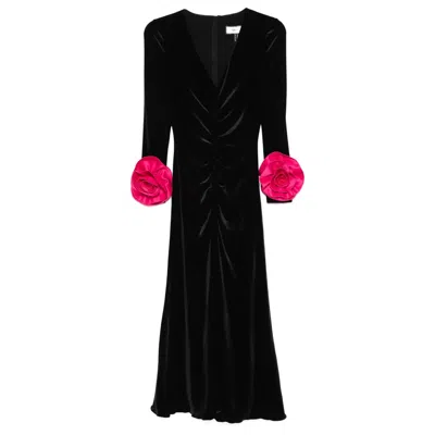 NISSA WOMEN'S BLACK FLORAL-DETAIL VELVET DRESS