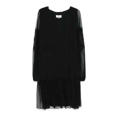 Nissa Women's Black Lace-insert Silk Midi Dress