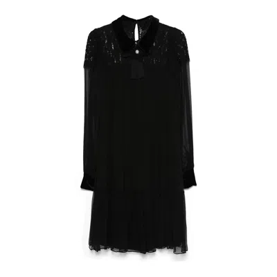 Nissa Women's Black Lace-panel Silk Midi Dress