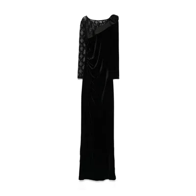 Nissa Women's Black Lace-trim Velvet Maxi Dress