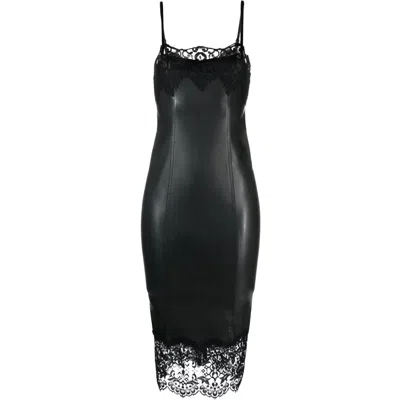 Nissa Women's Black Lace-trimmed Faux Leather Dress