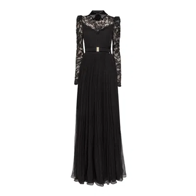 Nissa Women's Black Lace-panel Silk Maxi Dress