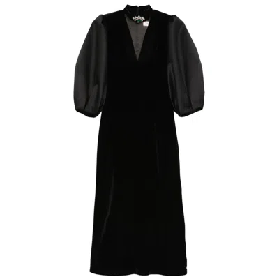 NISSA WOMEN'S BLACK PUFF SLEEVES VELVET MIDI DRESS