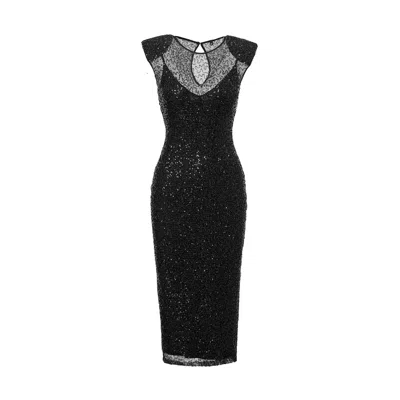 Nissa Women's Black Sequined Mesh Midi Dress