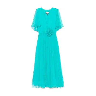 Nissa Women's Blue Floral-appliqué Silk Midi Dress Aqua