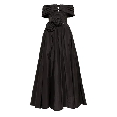 Nissa Floral-applique Taffeta Maxi Dress In Black