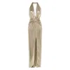Nissa Backless High-shine Maxi Dress In Gold