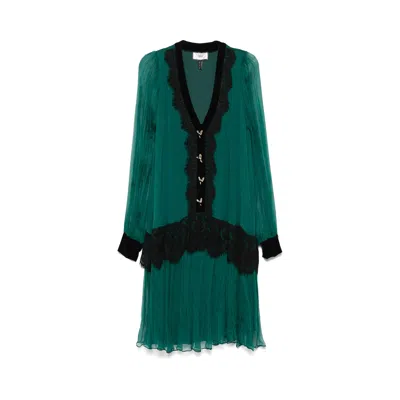 Nissa Women's Green Lace Insert Silk Midi Dress