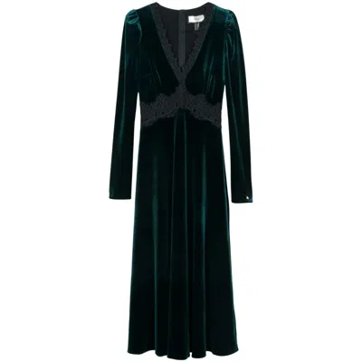 Nissa Women's Green Lace-insert Velvet Midi Dress