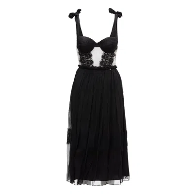 Nissa Women's Lace Insert Silk Dress Black