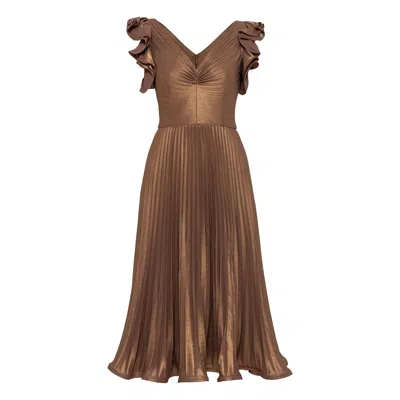 Nissa Women's Pleated V-neck Midi Dress Brown