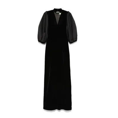 Nissa Women's Puff Sleeves Velvet Midi Dress Black